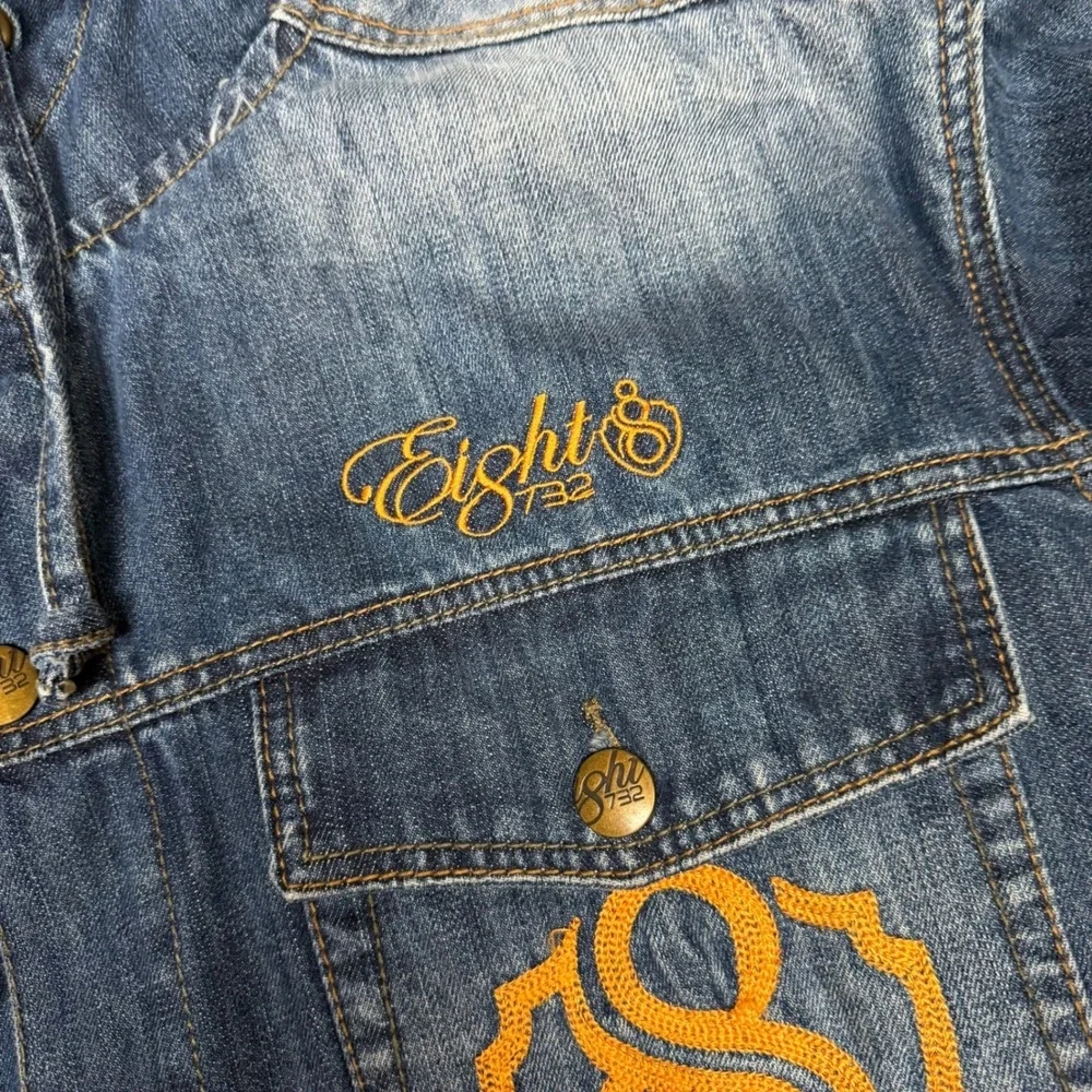 Eight 732 Motor Club Denim Hooded Jacket Mens 2XL Blue Embroidered Biker 8732
